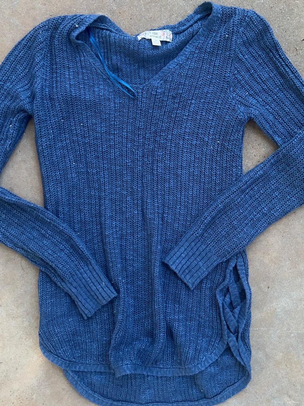 Pink Republic Denim Blue V-Neck Ribbed Knit Sweater